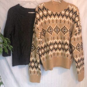 LOFT lot of 2 size M chunky oversized sweaters- black cardigan & brown cowl neck